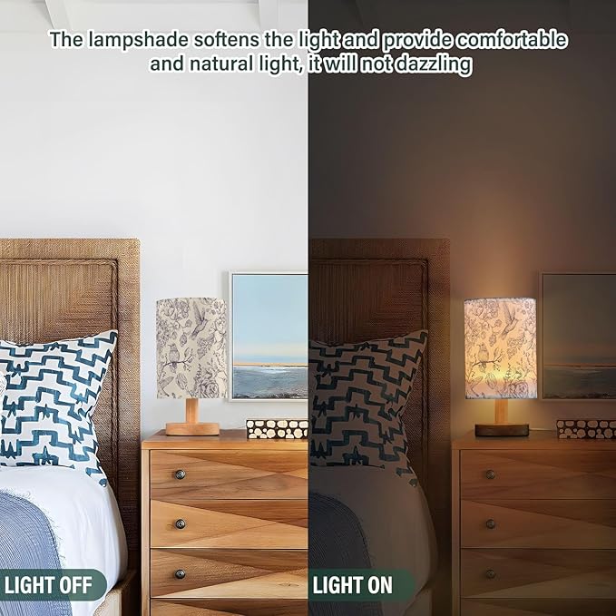 Bedside Table Lamp Vintage Birds Flowers Florals Nightstand Lamp with Wood Desk Lamps for Bedroom Living Room Nursery Office Home Decor