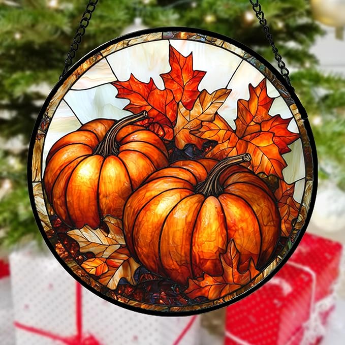 Stained Glass Window Hanging, Pumpkin Maple Leaf Suncatcher for Doors Home Sun Catchers Decoration and Christmas, Mother's Day Birthday Gifts for Women, Men, and Mom 15x15 in