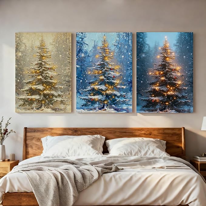 Framed Christmas Pictures Wall Decor,Vintage Pine Tree Prints,Winter Christmas Canvas Wall Art Decoration for Bedroom Bathroom Living Room Rustic Xmas Holiday Gifts (Christmas Tree 3, 16'' X 20'')