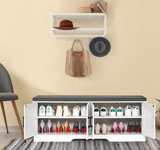 2-Tier Storage Bench, Shoe Bench with Padded Seat Cushion, Entryway Bench with 4 Barn Doors, Adjustable Shelf, 13.8" D x 47.2" W x 17.7" H, for Entryway, Living Room, Bedroom, White