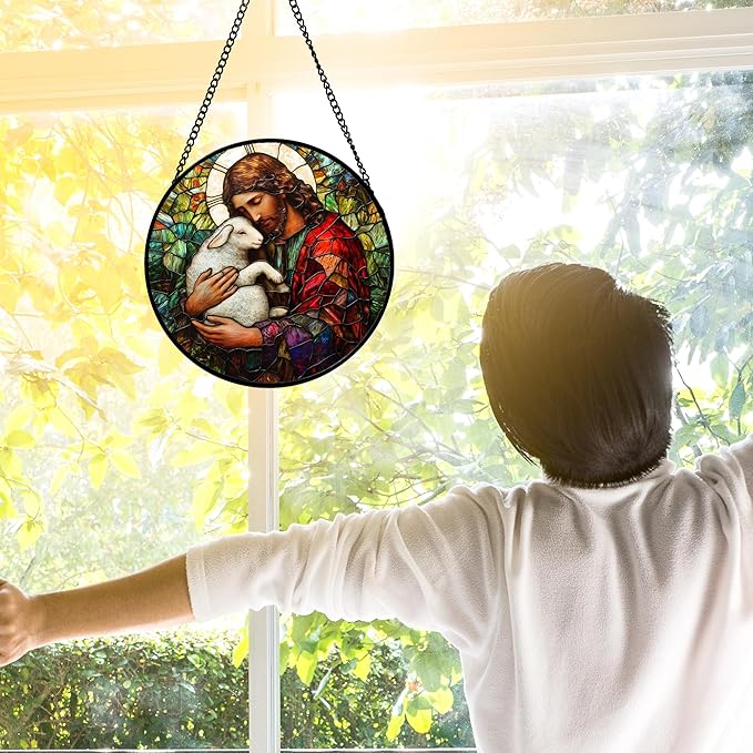 Stained Glass Window Hanging, Jesus Little Lamb Sun Catchers Colorful Glass Panel Christianity Suncatcher Decor for Birthday for Women, Men, Wife, Aunt, and Mom 6.3 in