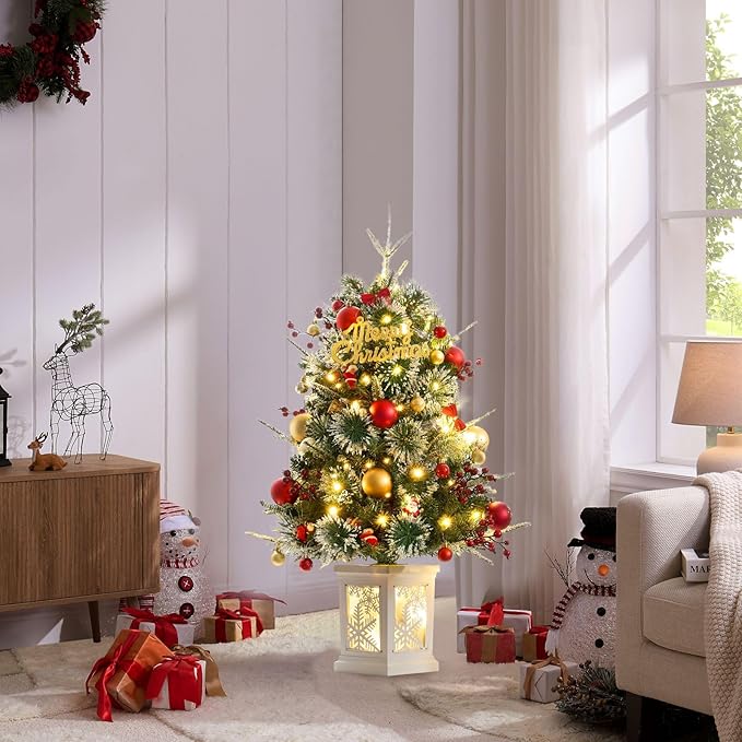 Small 3FT Pre-Lit Snow Flocked Christmas Tree with Twinkling Lights for Home Office Christmas Decor- Battery Operated & Timer (Snowflake Base)