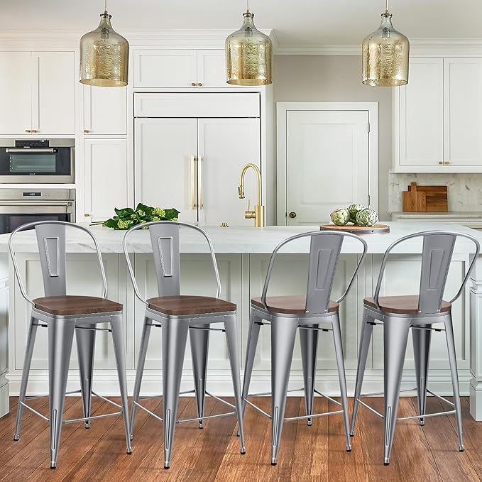 Yongqiang 26 inch Bar Stools Set of 4 Kitchen Counter Height Bar Chairs High Back Silver Metal Barstools with Large Wooden Seat