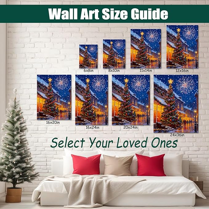 Vintage Christmas Tree and Fireworks Canvas Wall Art - Festive Framed Canvas Prints for Home Office Decor, Rustic Christmas Wall Art Picture, Ideal Christmas Gifts & Festive Decorations