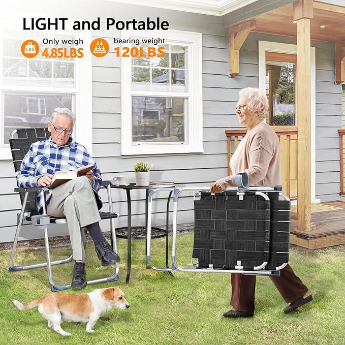 VINGLI Aluminum Patio Lawn Chairs Folding Set of 2 with Detachable Cup Holder, Webbed Beach Chair Folding Chair Outdoor Portable Camping Chair for Yard, Garden