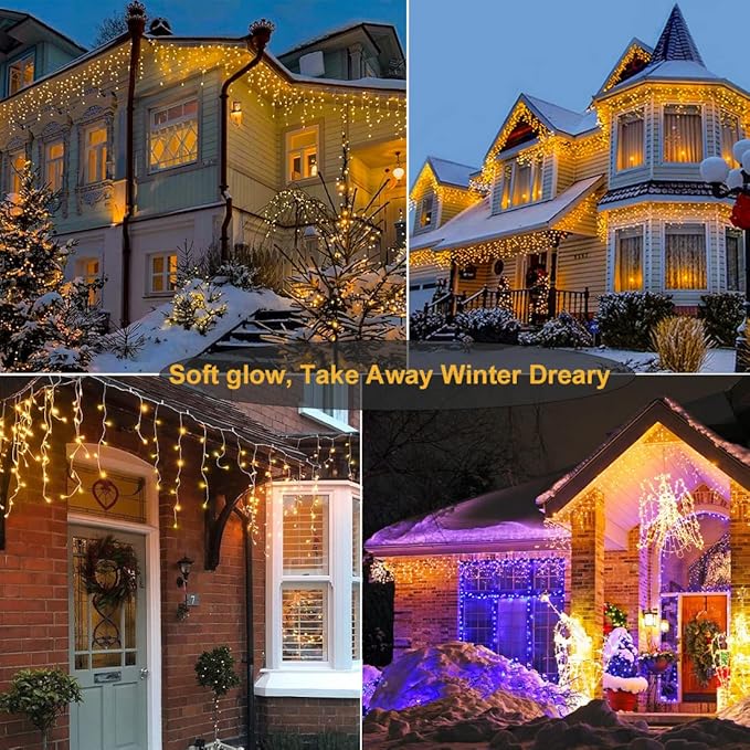 Warm White Christmas Lights Outdoor, 66ft 640 LED Icicle Lights for Outside House with Connectable Clear Wire 8 Modes Timer, Plug in Waterproof for Eaves Yard Party Indoor Holiday Decoration