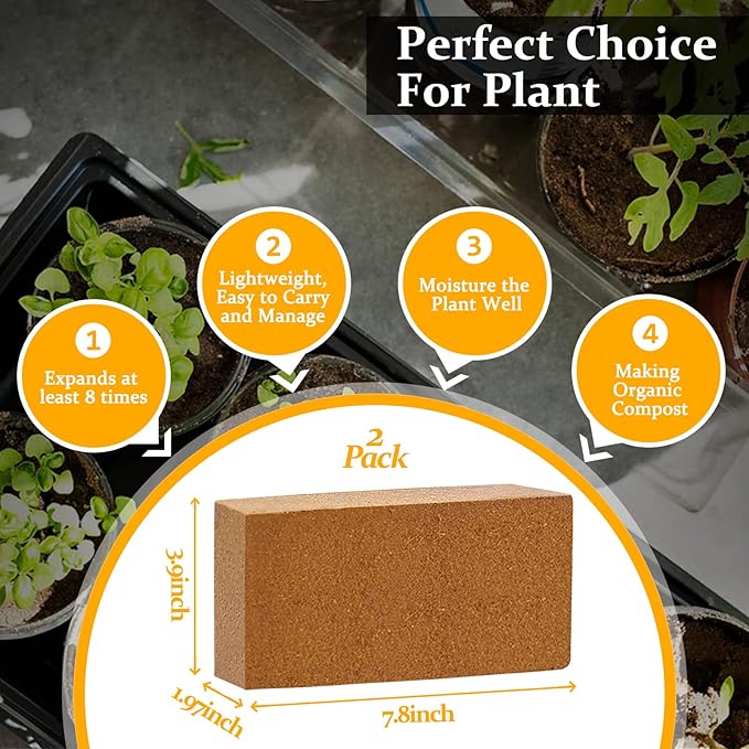 Riare 2pcs Organic Coco Coir Bricks Soil Blocks- 100% Natural Compressed Coco Peat Brick Coconut Fiber Substrate with Low EC& pH Balance, High Expansion Coco Coir Pith Coconut Husk for Garden