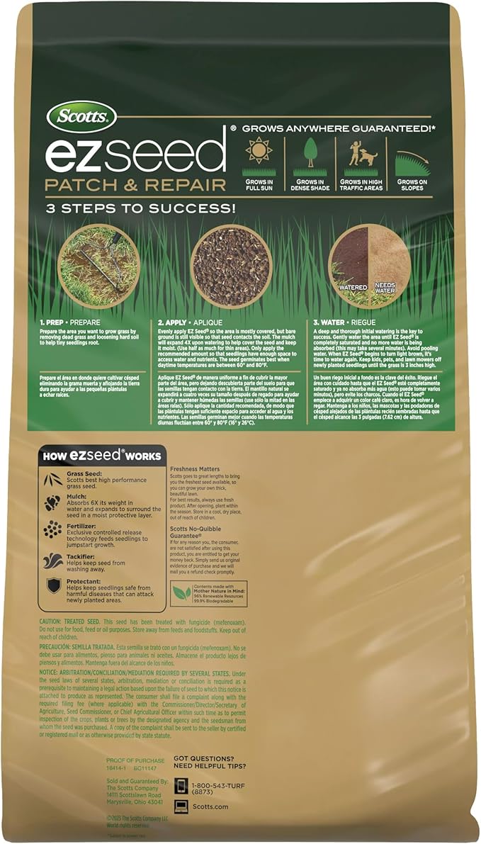 Scotts EZ Seed Patch & Repair Southern Gold Blend for Tall Fescue Lawns, Mulch, Grass Seed and Fertilizer for Bare Spots and Repair, Bred for The South, 10 lbs.
