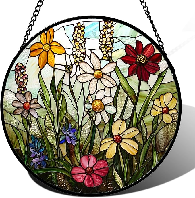 Stained Glass Window Hanging, Colorful Wildflowers Plant Scenery Suncatcher for Doors Window Home White Green Sun Catchers Decor Mother's Day Birthday Gifts for Women, Men Mom 11.8 in