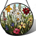 Stained Glass Window Hanging, Colorful Wildflowers Plant Scenery Suncatcher for Doors Window Home White Green Sun Catchers Decor Mother's Day Birthday Gifts for Women, Men Mom 6.3 in