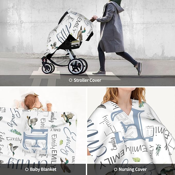 Personalized Baby Car Seat Canopy with Name Custom Minky Mallard Duck Car Seat Covers Nursing Cover for Breastfeeding Multi-Use Cover Infant Carrier Carseat Winter Cover for Newborn Girls Boys