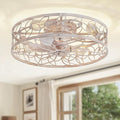 LEDIARY 23 Inch Caged Ceiling Fans with Lights, White Flush Mount Ceiling Fan with Remote&App, Large Low Profile Bladeless Ceiling Fan Light Fixture for Bedroom, Kitchen, Dining Room-White Gold Color