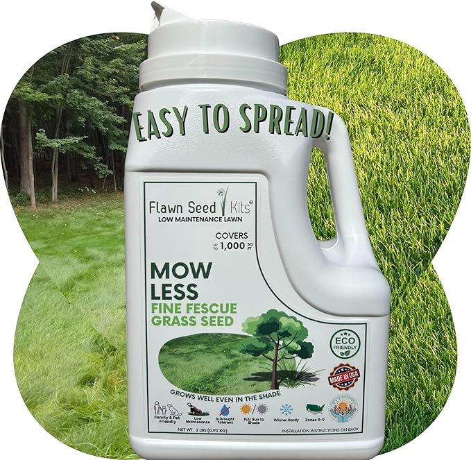 Flawn Seed Kits Mow Less Fine Fescue Grass Seed, Low Maintenance Lawn, Easy Spread Shaker Jug with Handle, 2 Lbs Covers up to 1000 Sqft