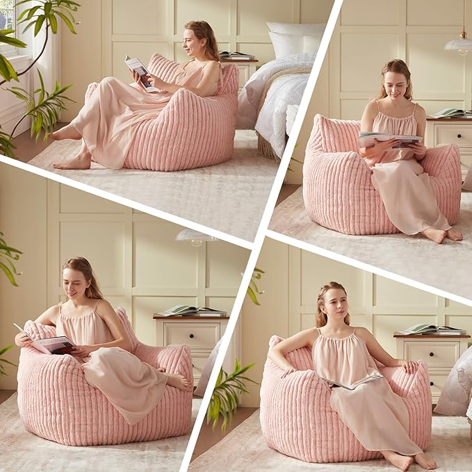 Giant Bean Bag Chairs for Adults Teens, Large Bean Bag Sofa Chairs with Filling Comfy Fuzzy BeanBag Chair with Armrests for Bedroom Living Room Reading