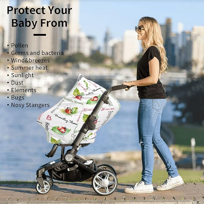 Personalized Baby Car Seat Cover with Name Stroller Canopy Custom Ladybug Carseat Cover Newborn Baby Boy Girl Nursing Cover for Moms First Birthday Gift
