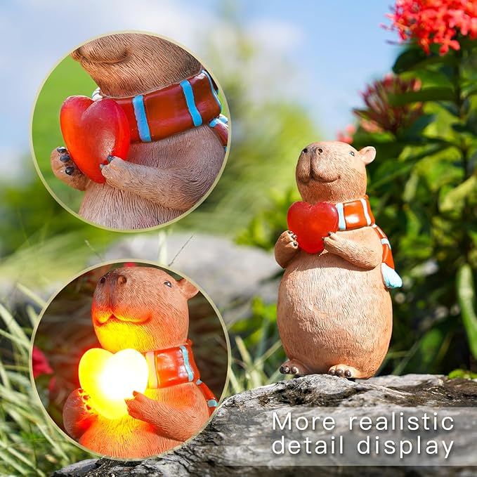 Solar Capybara Garden Statue Outdoor Decor with Heart - Lawn Ornament for Patio, Yard, Balcony, Romantic Light-Up Garden Decoration, Unique Gift for Lovers, Women, Mom, or Grandma