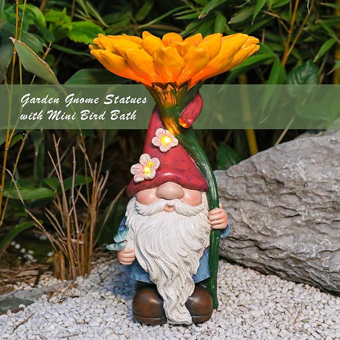 MUMTOP Garden Gnome Statue with Sunflower Bird Bath Outdoor Decor, Gnome Birdbaths Bird Feeder with Solar LED Light Waterproof Garden Sculpture for Yard Lawn Outdoor Decorations