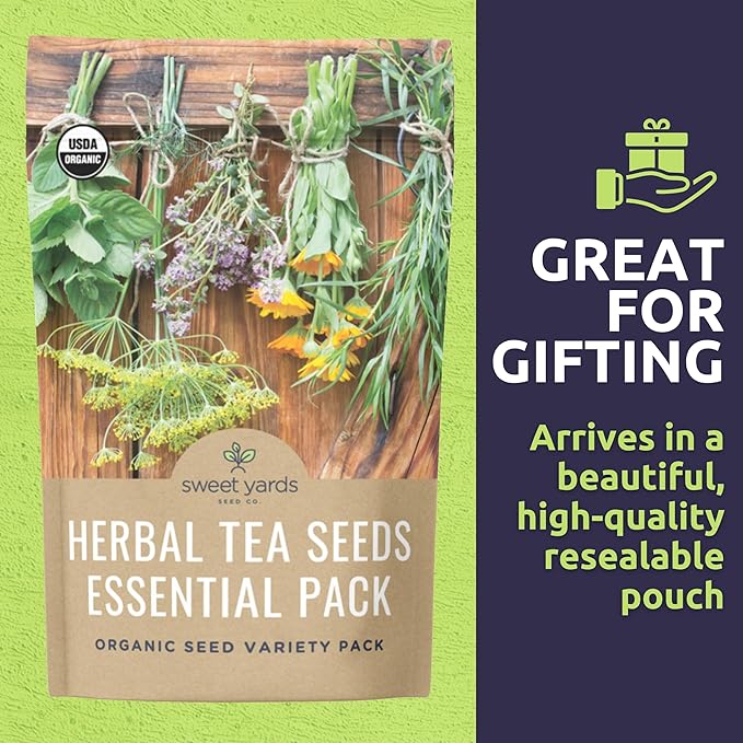 Organic Herbal Tea Seeds Variety Pack - 5 Individual Packs - 2026 Season - Mint, Lavender, Calendula, Chamomile & Lemon Balm. For Indoor & Outdoor Planting (Non-GMO, Certified Organic)