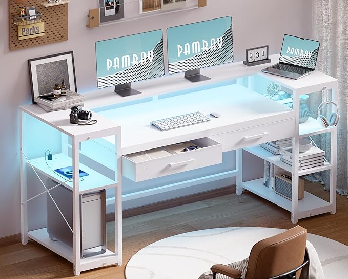 Pamray 58 Inch Computer Desk with Monitor Stand and Shelves Gaming Desk with LED Lights & Power Outlets PC Vanity Table with 2 Drawers for Home Office White