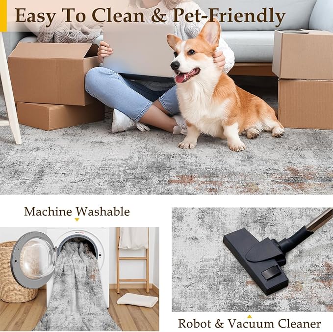 5x7 Washable Area Rug Grey Rust Modern Neutral Abstract Living Room Bedroom Indoor Floor Carpet Low Pile Soft Non-Slip Lightweight Vacuumable Throw Rug for Kitchen Dining Room