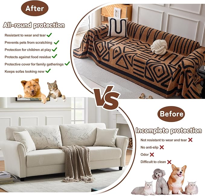 HANDONTIME Boho Geometric Couch Covers for Sofa Pet Friendly Brown and Black Sofa Covers Washable Chenille Couch Blanket Cover for 1 2 Cushion Couches Pet Protector Furniture Cover Soft, 71" X 102"