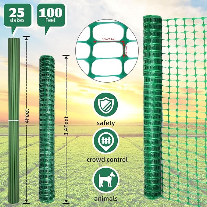Plastic Fencing Temporary Fenc with Posts, Snow Fence 40In x 100 Ft with Stakes, Reusable Safety Fence, Construction Fence, Plastic Fence Roll, Construction Fencing for Garden, Pool, Lawn Deer
