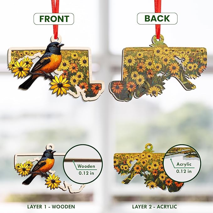 FLAGWIX Maryland Christmas Ornament 2025 - Suncatcher Christmas Ornaments for Tree Decorations - Maryland Gifts for Women Men, Baltimore Oriole and Black-Eyed Susan State Ornaments, Housewarming Gifts