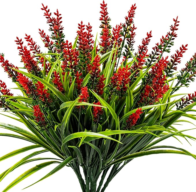 Artificial Flowers for Outdoor Plants 24 Bundles Fake Lavender Plastic Faux Monkey Grass for Verandah Window Garden Office Patio Front Porch UV Resistant for Planter(Red)