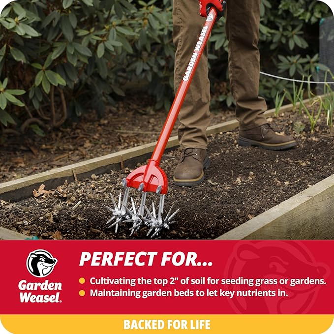 Garden Weasel Rotary Cultivator & Hand Tiller - 2-in-1 | Aerate, Weed, Cultivate, Plant, Reseed | Lawn Reseeding Garden Tool, Garden Soil Loosener | 91206