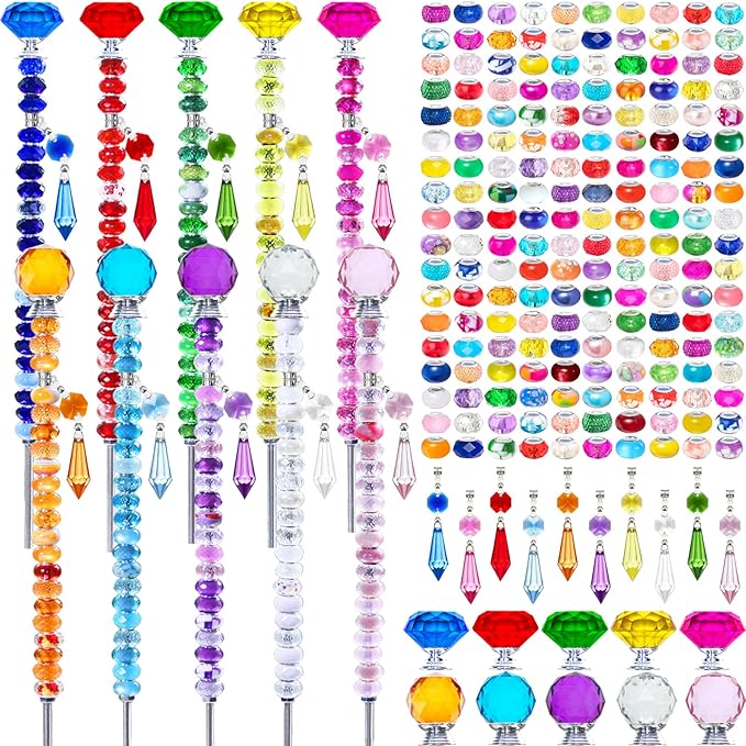 Exway 247 PCS DIY Fairy Wand Beaded Garden Stake Kits with Assortment Large Hole Beads 10 Crystal Stopper Top Threaded Rods and Sparkling Crystal Pendants for Outdoor Indoor Decor