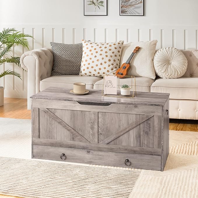 HOOBRO Storage Chest, 39.3" Toy Chest with Drawer, Wooden Storage Bench, Sturdy Entryway Bench Supports 220 lb, Safety Hinge, U-Shaped Opening, Easy Assembly, Greige BG710CW01G1