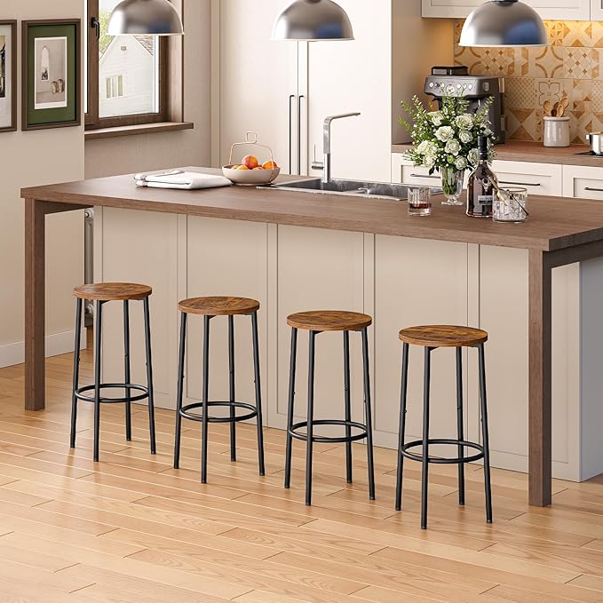HOOBRO Bar Stools Set of 4, Counter Height Stools, Kitchen Round Height Stools, Bartools with Metal Frame and Smooth Top, for Kitchen, Bar, Cafe, Dining Room, Rustic Brown and Black BF03BYP401N1