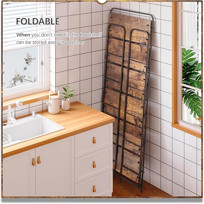 4NM No Assembly Folding Bookshelf 6 Tiers Vintage Industrial Black Book Shelf Metal Foldable Storage Bookcase and Bookshelves for Living Room,Bedroom and Kitchen - Rustic Brown