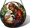Stained Glass Window Hanging, Jesus Little Lamb Sun Catchers Colorful Glass Panel Christianity Suncatcher Decor for Birthday for Women, Men, Wife, Aunt, and Mom 6.3 in