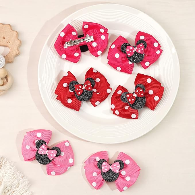 6PCS Mouse Ears Hair Clips for Toddler Girls 3 Inch Hair Bows Hair Accessories for Baby Girls Birthday Party
