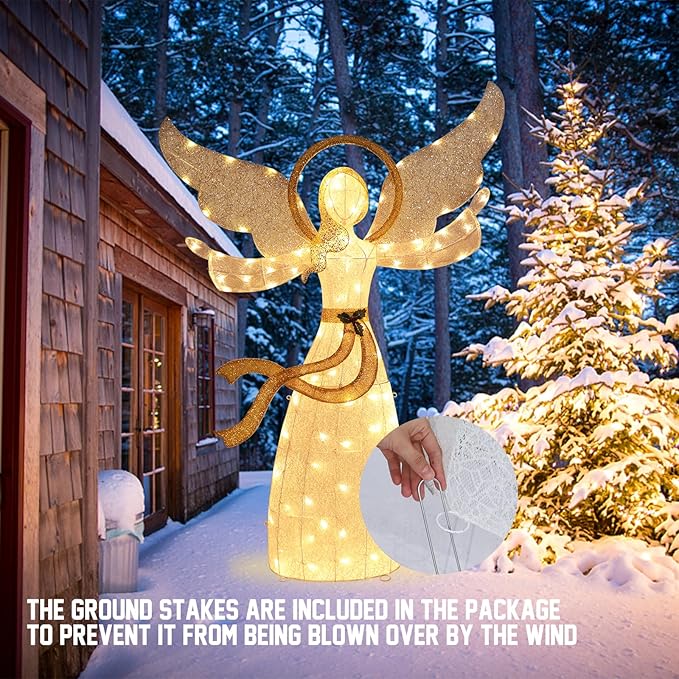 Taman Lighted Christmas Angel, 5.6ft Warm Lights Glittered Angel for Outdoor Christmas Holiday Home Lawn Yard Garden Decoration