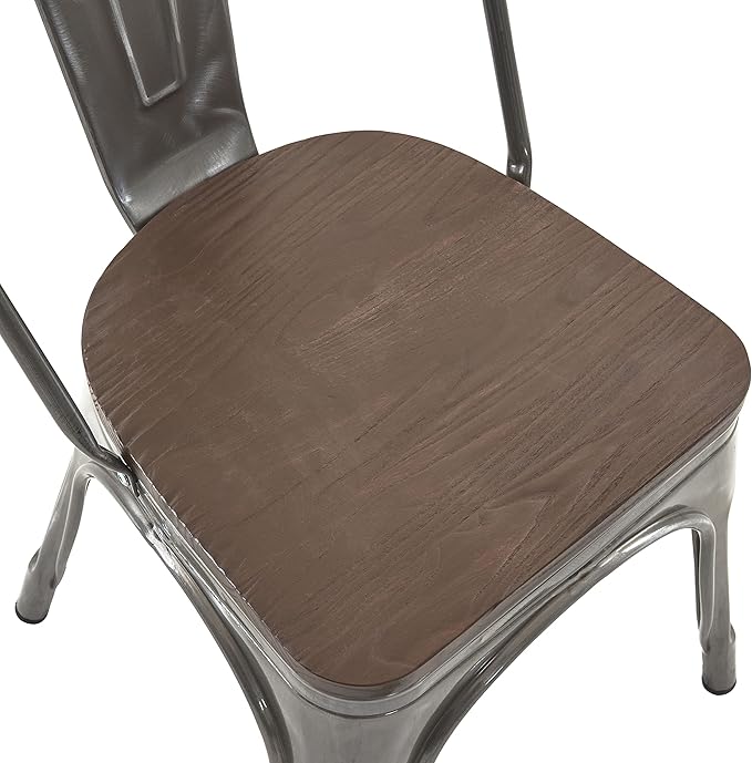 Nazhura Metal Dining Chair Farmhouse Tolix Style for Kitchen Dining Room Patio, 18 Inch, Stackable, Waterproof Indoor/Outdoor (Sets of 4) (Brushed Metal with Wood Padding)