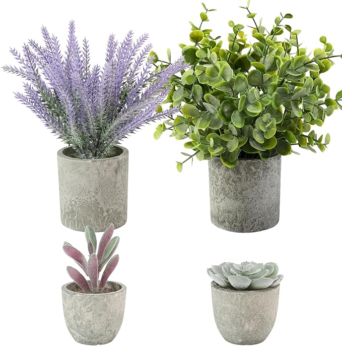 ALAGIRLS 4 Packs Fake Plants Small Artificial Plants for Shelf Lavender Flowers Eucalyptus Succulents Plants Potted Faux Plants for Home Indoor Office Bathroom Living Room Decor
