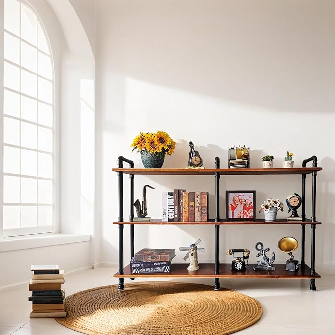 3 Tier Long Industrial Bookshelf, 3 Realwood Industrial Pipe Bookshelf for Living Room, Entry, Office (Rustic Brown, 60" L x 11.8" W x 39" H)