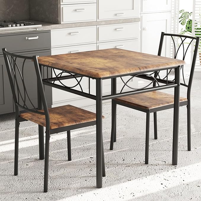IDEALHOUSE Dining Table Set for 2, Kitchen Table and Chairs for 2, Rectangular Dining Room Table Set, 3-Piece Wood Dining Table Set for Apartment, Small Space, Space Saving, Retro Brown