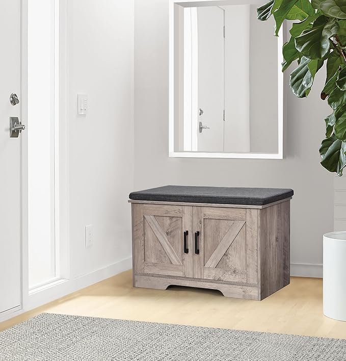 2-Tier Storage Bench, Shoe Bench with Padded Seat Cushion, Entryway Bench with 2 Barn Doors, Adjustable Shelf, 13.8" D x 27.6" W x 17.7" H, for Entryway, Living Room, Bedroom, Greige