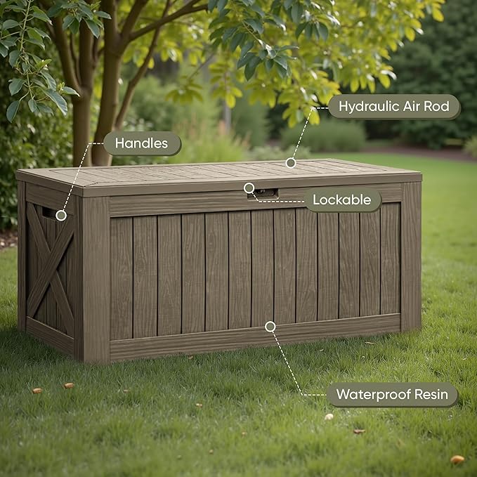 Flamaker Resin Deck Box 120 Gallon Waterproof Large Outdoor Indoor Storage Box Imitation Wood Resin for Patio Furniture Garden Tools and Pool (Brown)