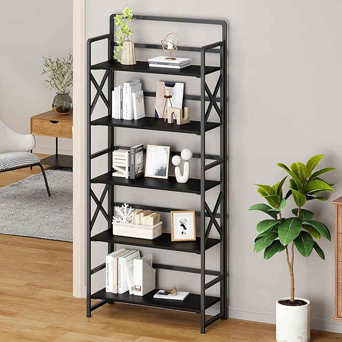 No Assembly Folding Bookshelf, 5 Tiers Vintage Wood Collapsible Book Shelf for Storage,Industrial Metal Foldable Bookcase Organizer for Living Room Bedroom Home Office (Black)