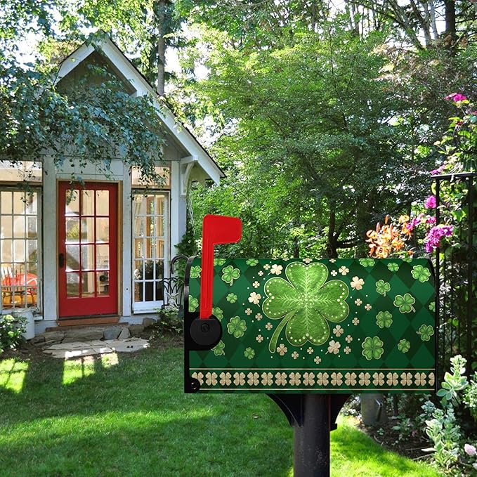 St Patrick's Day Mailbox Cover Magnetic Large Size 25.5 X 21 Inch Green Shamrock Clovers Magnetic Mailbox Covers Oversized Spring Post Letter Box Cover Wraps for Outside Garden Decor