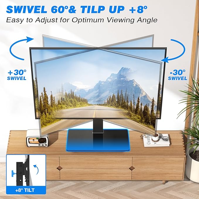 Rfiver Universal Swivel Table Top TV Stand for 37 to 65, 70 75 inch TVs, Height Adjustable Table Top TV Stand Mount with Tilt, Heavy Duty TV Replacement Stand with Tempered Glass Base Up to 110lbs