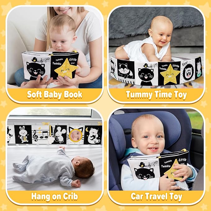 OKOOKO Black and White High Contrast Baby Book 0-6 Months Baby Soft Book Tummy Time Toy Crib Stroller Toy Montessori Sensory Toy Early Education Months Newborn Infant for 0+