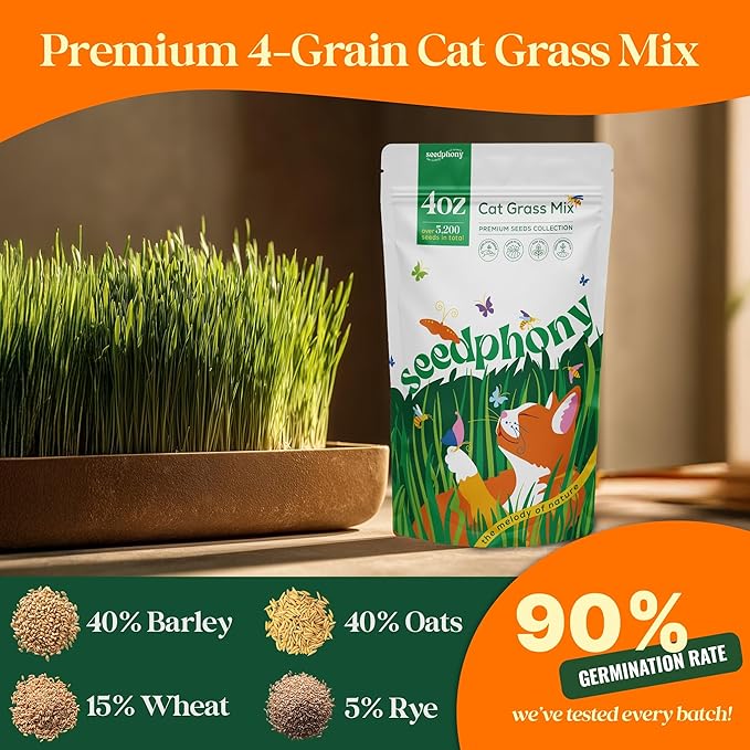 Cat Grass Seed Mix – 4 oz Pack with 5,200 Non-GMO Heirloom Seeds for Cats, Barley, Oat, Rye & Wheatgrass for Indoor Growing, Fresh Pet Grass for Digestion & Hairball Control