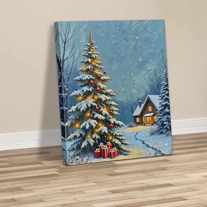 Framed Christmas Pictures Wall Decor,Vintage Pine Tree Prints,Winter Christmas Canvas Wall Art Decoration for Bedroom Bathroom Living Room Rustic Xmas Holiday Gifts (Christmas Tree 20, 16'' X 20'')
