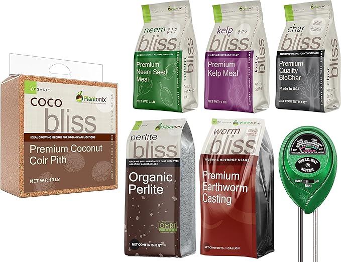 Coco Coir Brick (10lbs), Organic Perlite, Worm Castings, Neem Seed Meal, Kelp Meal Fertilizer, & Organic Biochar for Plants - Potting Soil & Garden Fertilizer Mix - 100% Natural Gardening Bundle