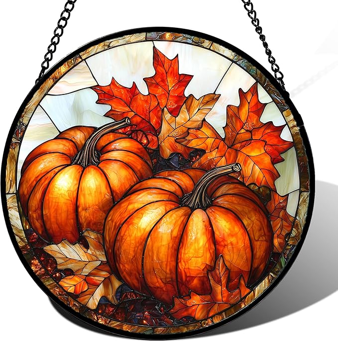 Stained Glass Window Hanging, Pumpkin Maple Leaf Suncatcher for Doors Home Sun Catchers Decoration and Christmas, Mother's Day Birthday Gifts for Women, Men, and Mom 15x15 in